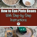 Pinterest Pin for How To Can Pinto Beans with Step-by-Step Instructions. Image of a mason jar of pinto beans before being pressure canned along with a pot full of pinto beans. Another image of pinto beans being sorted in bowls.