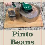 Pinterest Pin for Pressure Canning Pinto Beans. Image of a mason jar of pinto beans before being pressure canned along with a pot full of pinto beans.