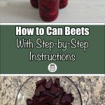 Pinterest Pin for How to Can Beets with Step-by-Step Instructions. Image of three mason jars of pressure canned beets sitting on a painted surface. Image of a bowl full of sliced beets sitting on a counter.