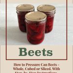 Pinterest Pin for Pressure Canning Beets. Image of three mason jars of pressure canned beets sitting on a painted surface.