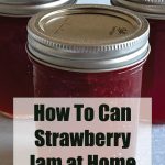 Pinterest Pin for How To Can Strawberry Jam at Home. Image of three mason jars of Strawberry Jam that have been steam canned.