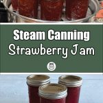 Pinterest Pin for Steam Canning Strawberry Jam. Image of three mason jars of Strawberry Jam that have been steam canned. Another image of nine mason jars of strawberry jam in the base of a steam canner.