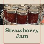 Pinterest Pin for Steam Canning Strawberry Jam. Image of nine mason jars of Strawberry Jam that have been steam canned.