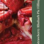 Pinterest Pin for Strawberry Rhubarb Pie Filling Tips and Tricks. Image of a strawberry rhubarb pie with a slice removed from it in a white pie plate.