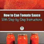 Pinterest Pin for How To Can Tomato Sauce with Step-by-Step Instructions. Image of mason jars of tomato sauce after being water bath canned. Image of tomato sauce in an electric roaster before being canned.