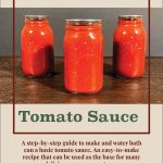 Pinterest Pin for Water Bath Canning Tomato Sauce. Image of mason jars of tomato sauce after being water bath canned.