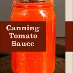 Pinterest Pin for Canning Tomato Sauce. Image of a mason jar of tomato sauce after being water bath canned.