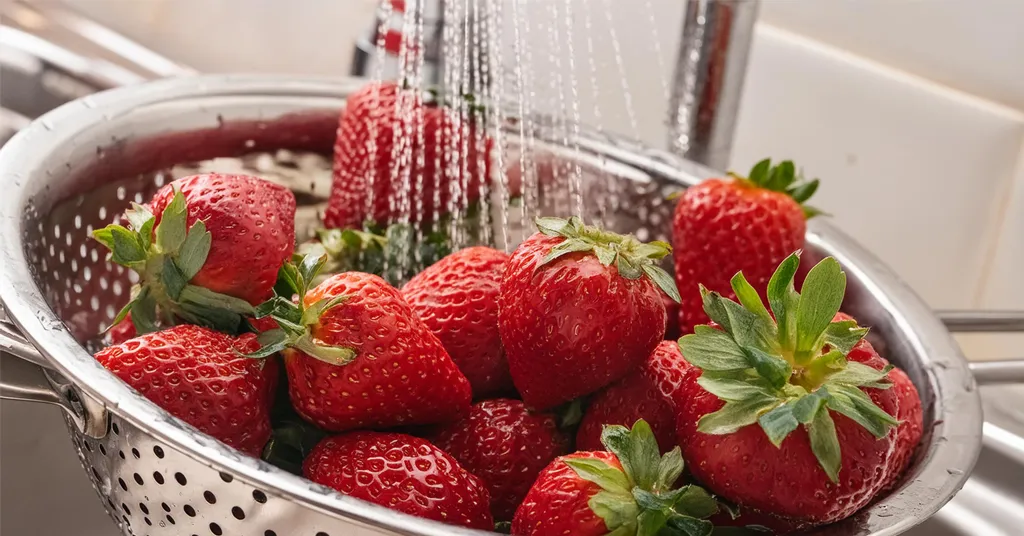 A silver colander full of red strawberries being washed under water at a sink.