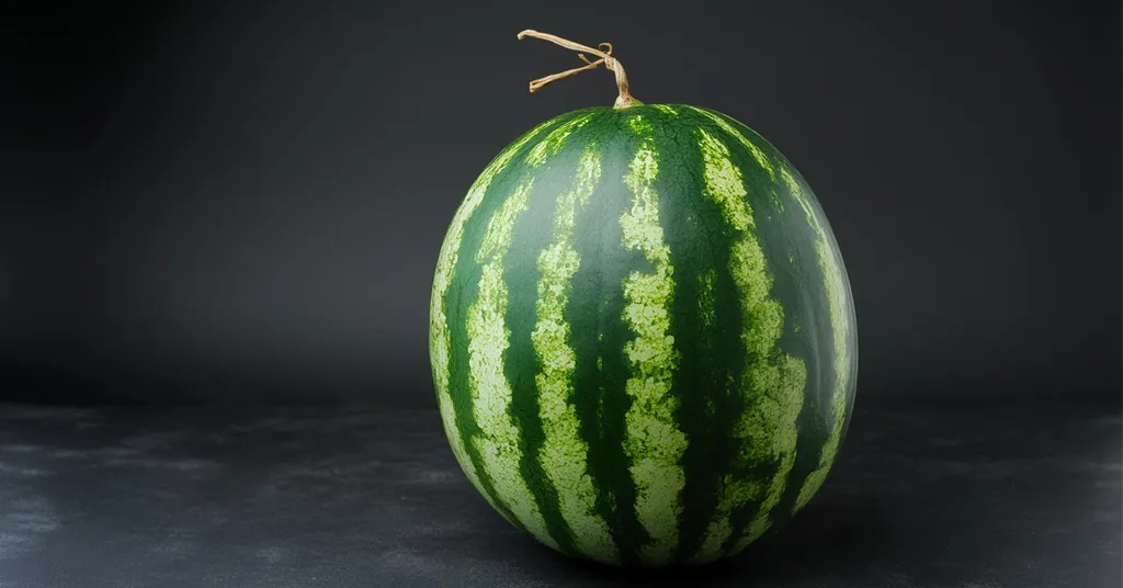 Watermelon sitting on a gray counter with a black background