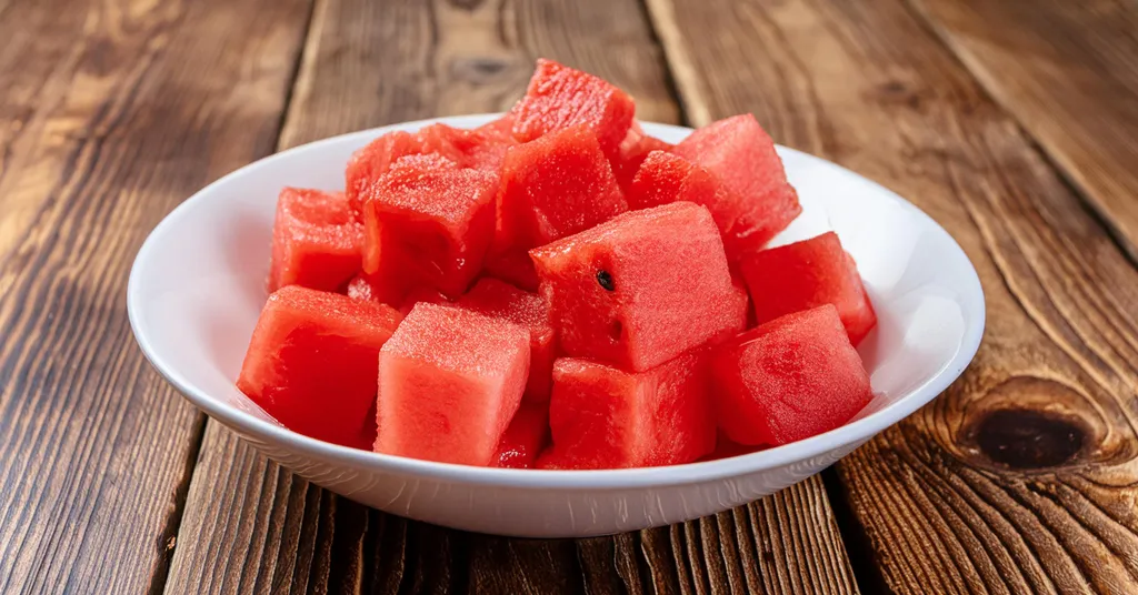 Watermelon cubes sitting in a white bowl on a wooden table