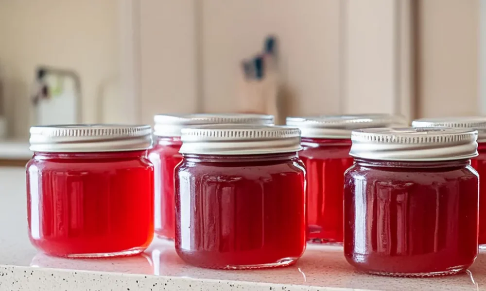 Six jars of watermelon jelly sitting on a counter after being water bath canned.