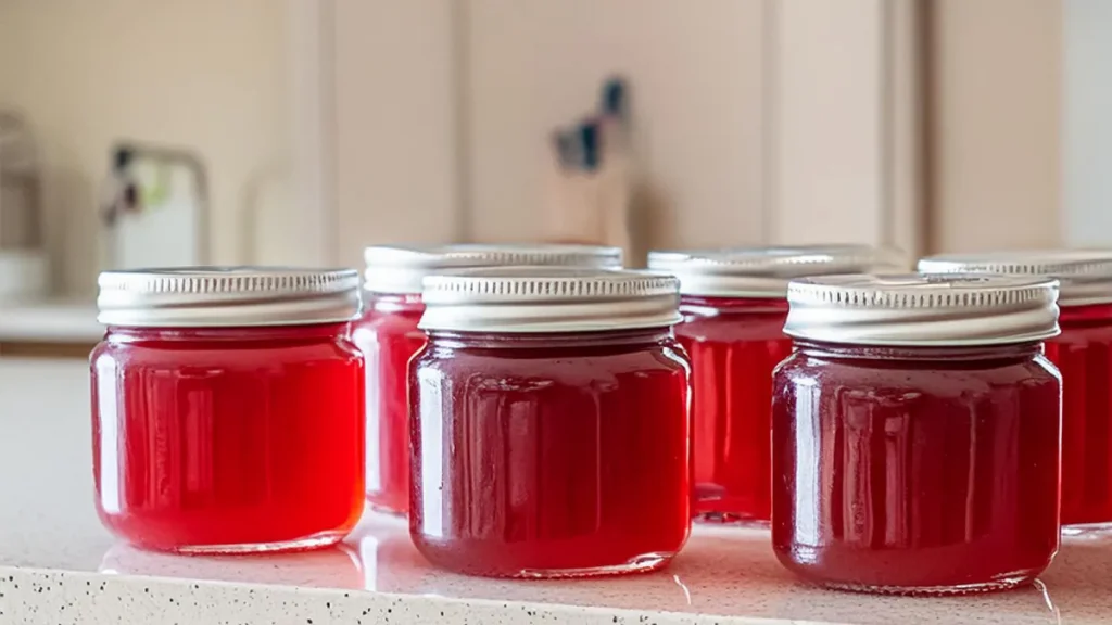 Six jars of watermelon jelly sitting on a counter after being water bath canned.