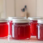 Six jars of watermelon jelly sitting on a counter after being water bath canned.