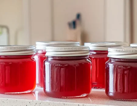 Six jars of watermelon jelly sitting on a counter after being water bath canned.