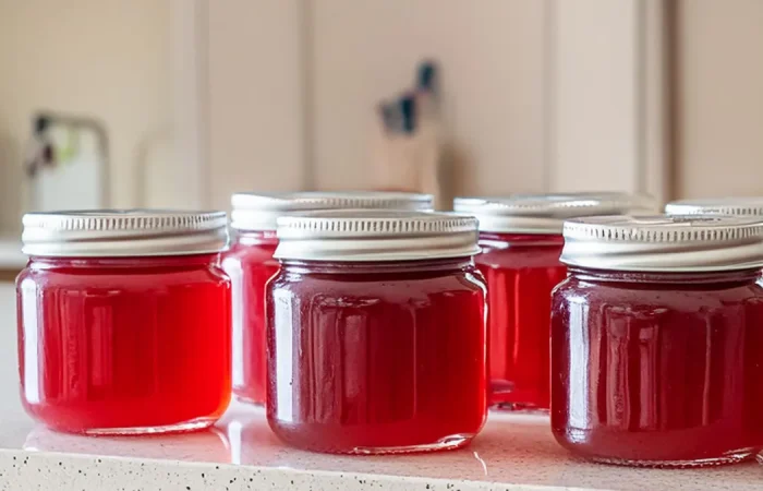 Six jars of watermelon jelly sitting on a counter after being water bath canned.