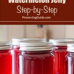 Pinterest Pin for How To Can Watermelon Jelly Step-by-Step. Image of mason jars of watermelon jelly sitting on a counter.