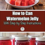 Pinterest Pin for How To Can Watermelon Jelly With Step-by-Step Instructions. Image of mason jars of watermelon jelly sitting on a counter. Image of cubes of red watermelon in a white bowl on a wooden table.