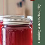 Pinterest Pin for Canning Watermelon Jelly Tips and Tricks. Image of mason jars of watermelon jelly sitting on a counter.