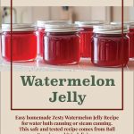 Pinterest Pin for Water Bath Canning Zesty Watermelon Jelly. Image of mason jars of watermelon jelly sitting on a counter.