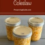 Image of three jars filled with homemade coleslaw, each sealed with a lid. Overlaid text reads "How To Can Coleslaw" with "PreservingGuide.com" below.