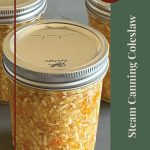 Close-up image of three sealed jars of homemade coleslaw. Overlaid text reads "Tips & Tricks" in a circular badge, with "Steam Canning Coleslaw" written vertically along the right side. A small jar icon is placed at the bottom.