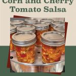 Pinterest Pin for How to Can Corn and Cherry Tomato Salsa. Image of a mason jars of corn and cherry tomato salsa in a steam canner base.