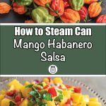 A two-part image illustrating how to steam can mango habanero salsa. The top section displays fresh green, orange, and red habanero peppers, while the bottom section shows a vibrant mango habanero salsa with diced mangoes, red peppers, cilantro, and onions. The central text on a green background reads "How to Steam Can Mango Habanero Salsa" with a jar icon below.