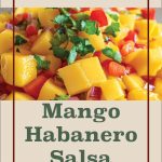 A promotional image for steam canning mango habanero salsa. The image features a vibrant mango habanero salsa with diced mangoes, red peppers, cilantro, and onions. The text reads "Steam Canning" at the top in brown font on a beige background, with "Mango Habanero Salsa" below in green font. The background is divided into beige and light brown sections, framed by a brown border, with a small jar icon at the bottom.