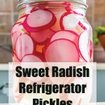 A jar of sweet radish refrigerator pickles, featuring thinly sliced radishes in a clear brine. The vibrant pink and white radish slices are packed in a glass mason jar with a metal lid. The image includes the text "Sweet Radish Refrigerator Pickles" and "PreservingGuide.com" displayed prominently in black font on a semi-transparent overlay at the bottom.