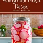 A jar of sweet radish refrigerator pickles featuring thinly sliced radishes in a clear brine. The vibrant pink and white radish slices are packed in a glass mason jar with a metal lid. The background includes a kitchen setting with radishes in a bowl and other kitchen items. The text at the top reads "Sweet Radish Refrigerator Pickle Recipe" and "PreservingGuide.com" in a mix of bold and handwritten-style fonts on a brown background.