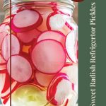 A promotional image for sweet radish refrigerator pickles featuring a jar of pickled radish slices in a clear brine. The image includes the text "Sweet Radish Refrigerator Pickles" vertically on the right side in white font on a green background, with a circular brown label at the top right stating "Tips & Tricks." A small jar icon is located at the bottom center.