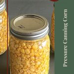 Close-up of three mason jars filled with canned corn, with a text overlay reading "Tips & Tricks: Pressure Canning Corn."