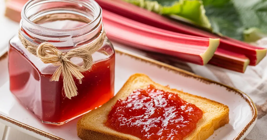 A jar of homemade strawberry rhubarb jelly, tied with a rustic twine bow, is placed on a tray next to a slice of toast generously spread with the jelly. Fresh rhubarb stalks are in the background, emphasizing the natural ingredients. The vibrant red jelly glistens, ready to be enjoyed.