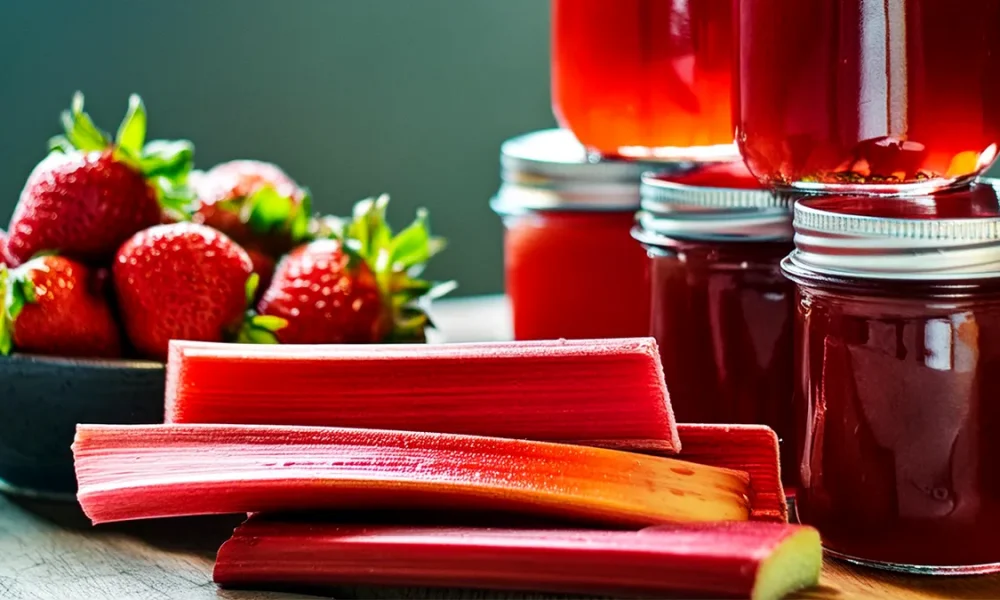 Fresh strawberries and vibrant rhubarb stalks are arranged next to jars of homemade strawberry rhubarb jelly. The jars are filled with a rich, red jelly, capturing the essence of the fresh ingredients. The combination of fruits and jars suggests a delicious, homemade preserve.