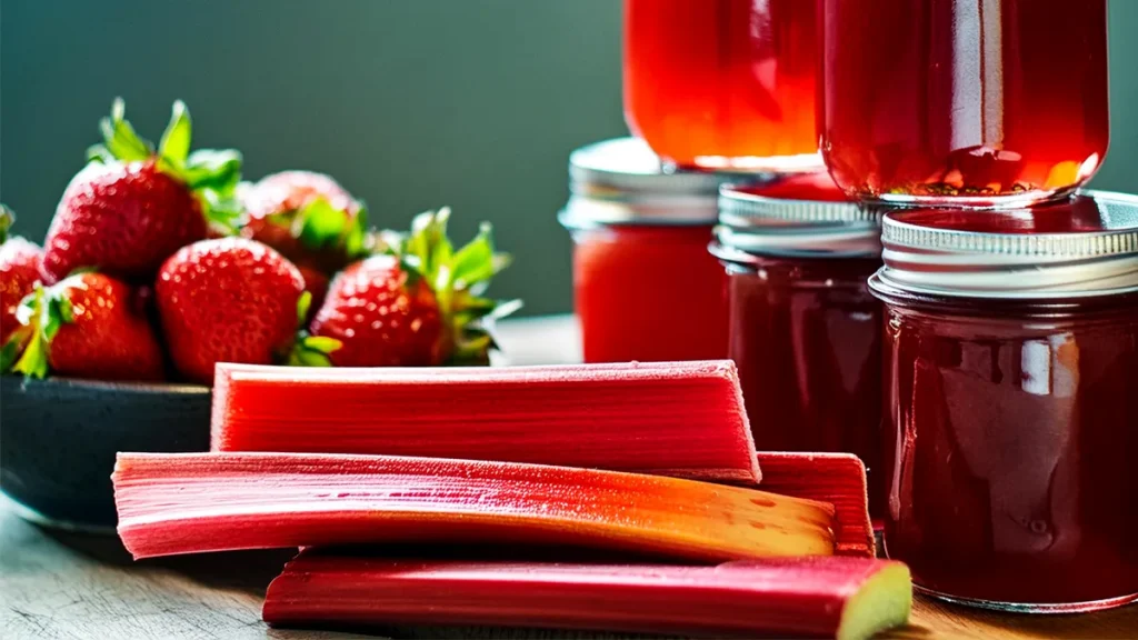 Fresh strawberries and vibrant rhubarb stalks are arranged next to jars of homemade strawberry rhubarb jelly. The jars are filled with a rich, red jelly, capturing the essence of the fresh ingredients. The combination of fruits and jars suggests a delicious, homemade preserve.