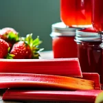 Fresh strawberries and vibrant rhubarb stalks are arranged next to jars of homemade strawberry rhubarb jelly. The jars are filled with a rich, red jelly, capturing the essence of the fresh ingredients. The combination of fruits and jars suggests a delicious, homemade preserve.