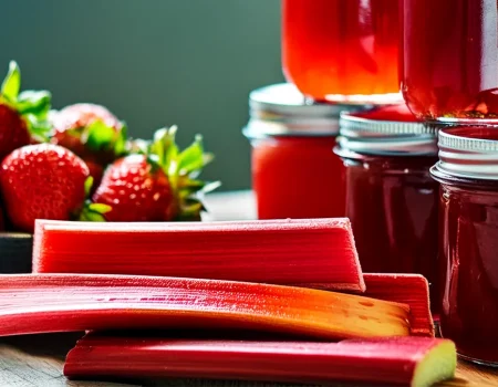 Fresh strawberries and vibrant rhubarb stalks are arranged next to jars of homemade strawberry rhubarb jelly. The jars are filled with a rich, red jelly, capturing the essence of the fresh ingredients. The combination of fruits and jars suggests a delicious, homemade preserve.