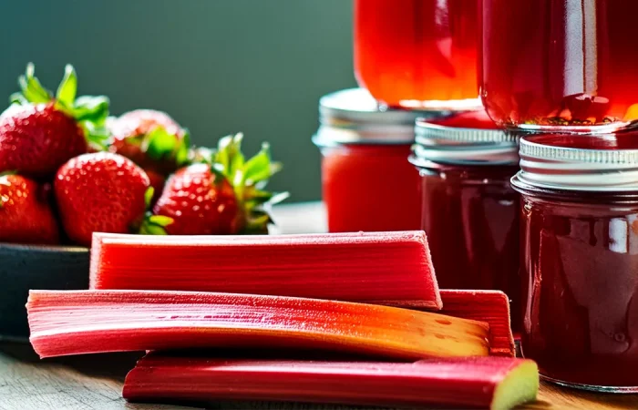 Fresh strawberries and vibrant rhubarb stalks are arranged next to jars of homemade strawberry rhubarb jelly. The jars are filled with a rich, red jelly, capturing the essence of the fresh ingredients. The combination of fruits and jars suggests a delicious, homemade preserve.