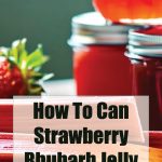 A collection of jars filled with strawberry rhubarb jelly are shown, with a bunch of fresh strawberries and rhubarb stalks in the background. The text overlay reads "How To Can Strawberry Rhubarb Jelly" with the website "PreservingGuide.com" displayed beneath. The image highlights the process of canning homemade preserves.