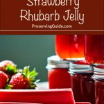 A vibrant collection of jars filled with strawberry rhubarb jelly is displayed, accompanied by fresh strawberries and rhubarb stalks. The image has a prominent text overlay that reads "How To Can Strawberry Rhubarb Jelly" with "PreservingGuide.com" underneath. The rich colors of the ingredients and the clear jars emphasize the homemade and preservative-free nature of the jelly.