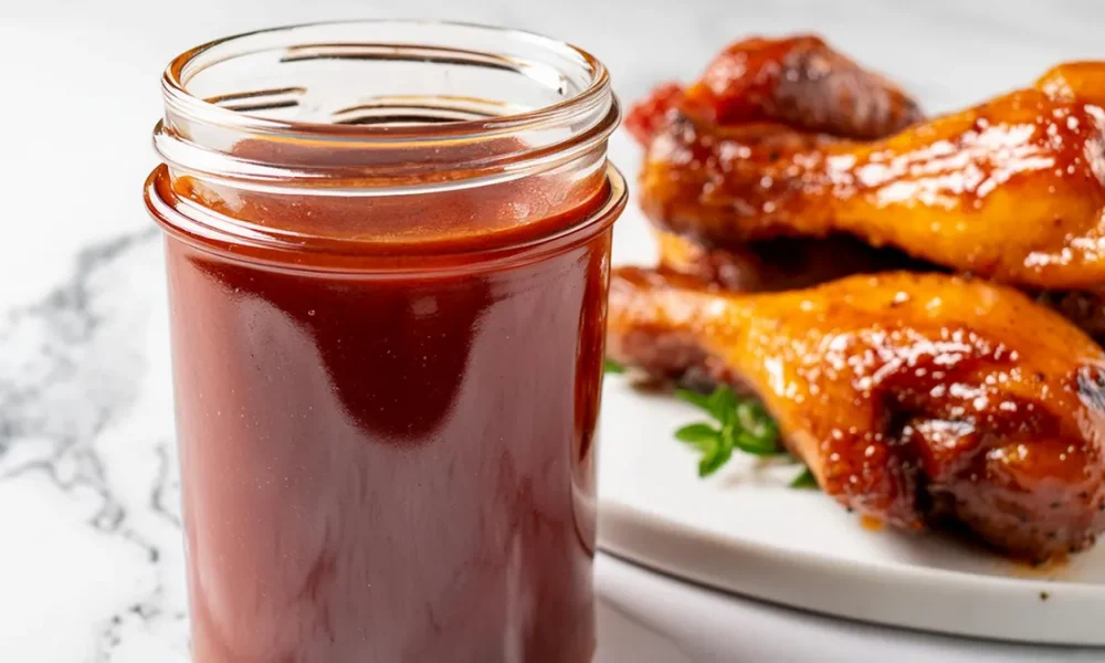 A jar of rich, dark BBQ sauce with a plate of glazed, smoky chicken drumsticks in the background on a white marble surface.