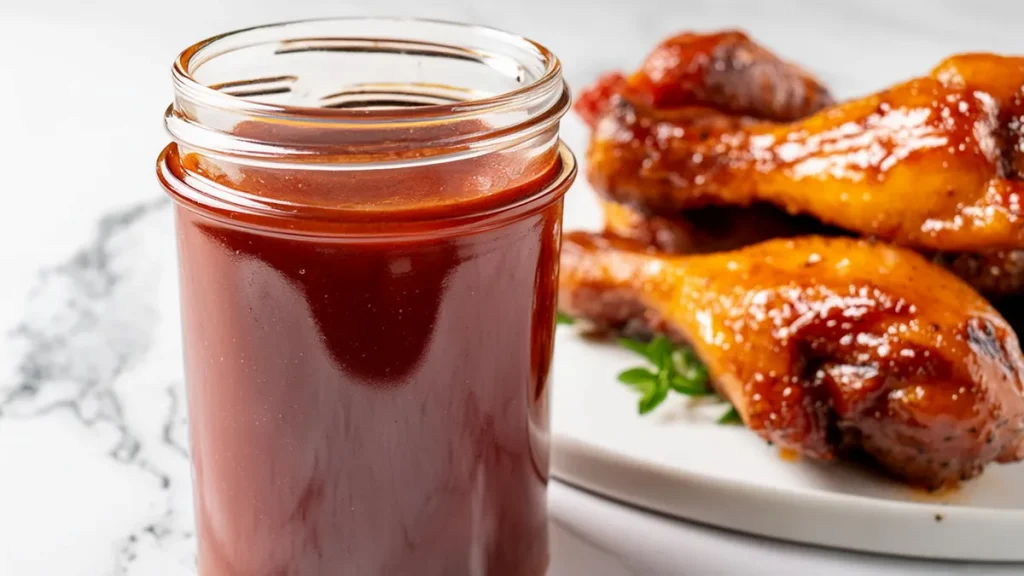 A jar of rich, dark BBQ sauce with a plate of glazed, smoky chicken drumsticks in the background on a white marble surface.