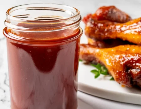 A jar of rich, dark BBQ sauce with a plate of glazed, smoky chicken drumsticks in the background on a white marble surface.