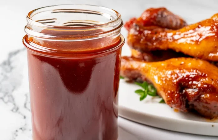 A jar of rich, dark BBQ sauce with a plate of glazed, smoky chicken drumsticks in the background on a white marble surface.