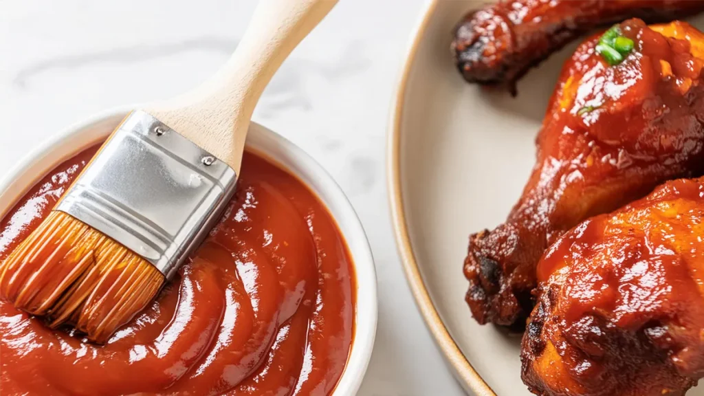 A bowl of BBQ sauce with a basting brush resting on top, next to a plate of grilled chicken drumsticks coated in the sauce, placed on a white marble surface.