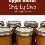 Image of seven jars filled with apple butter, with the text "How To Can Apple Butter Step-by-Step" and "PreservingGuide.com" displayed prominently at the top. The jars are sealed and arranged on a kitchen countertop, emphasizing a detailed guide for homemade apple butter canning.