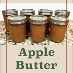 Image featuring seven sealed jars of apple butter on a kitchen countertop, with the text "Water Bath Canning Apple Butter" and a jar icon below. The design incorporates beige and green colors, framing the jars and highlighting the water bath canning method for apple butter.