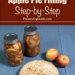 Image of two jars filled with apple pie filling, a whole apple pie, and fresh apples on a blue surface. The text "How To Can Apple Pie Filling Step-by-Step" and "PreservingGuide.com" is displayed at the top, indicating a detailed guide for making and canning apple pie filling at home.