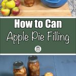 Image showing a large pot of apple pie filling and a jar being filled, surrounded by fresh apples on a countertop. Below, the text "How to Can Apple Pie Filling" and a jar icon are displayed. The bottom section shows two jars filled with apple pie filling, a whole apple pie, and fresh apples on a blue surface, illustrating the process and result of canning apple pie filling.