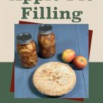 Image of two jars filled with apple pie filling, a whole apple pie, and fresh apples on a blue surface. The text "How To Can Apple Pie Filling" is displayed at the top, with a jar icon at the bottom. The background features a combination of beige and green colors, framing the jars and emphasizing the process of canning apple pie filling.